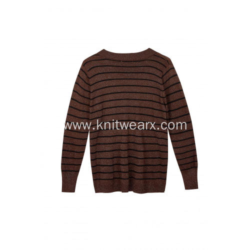 Women's Knitted Lurex Striped Crew-Neck Pullover